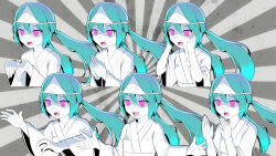 Rule 34 | absurdres, aqua hair, candle, colored sclera, colored skin, ghost, grey sclera, hatsune miku, highres, japanese clothes, kimono, long hair, looking at viewer, low twintails, multiple persona, obake no ukenerai (vocaloid), obi, open mouth, pink eyes, pinocchio-p, sash, skirt, twintails, very long hair, vocaloid, white kimono, white skirt