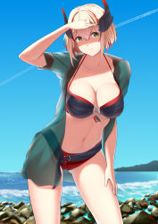 Rule 34 | 1girl, azur lane, bikini, blonde hair, blue sky, breasts, brown eyes, cameltoe, cleavage, closed mouth, collarbone, contrail, cross, day, green shirt, gt-apex, hair between eyes, hand on own thigh, hand up, head tilt, headgear, highres, iron cross, large breasts, long sleeves, looking at viewer, multicolored hair, navel, ocean, open clothes, open shirt, outdoors, red hair, roon (azur lane), see-through, shaded face, shirt, short hair, skindentation, sky, smile, solo, stomach, streaked hair, swimsuit, waves
