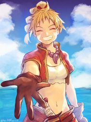 Rule 34 | 1girl, bandages, blonde hair, breasts, chrono cross, cloud, crop top, facial mark, gloves, high ponytail, highres, jewelry, kid (chrono cross), komugiko no mori, long hair, midriff, multi-tied hair, navel, necklace, ponytail, skirt, smile, solo, vest