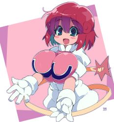 Rule 34 | absurdres, blue eyes, blush stickers, bombergirl, border, breasts, breasts squeezed together, collar, gloves, highres, huge breasts, looking at viewer, open mouth, outstretched arms, pants, pastel (twinbee), pink background, puffy short sleeves, puffy sleeves, red hair, robot, short sleeves, solo, tail, twinbee, white border, white gloves, white pants, zankuro