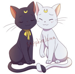 Rule 34 | animal, animal focus, artemis (sailor moon), artist name, bishoujo senshi sailor moon, black cat, blush, bow, cat, cheek-to-cheek, crescent, closed eyes, heads together, holding tail, intertwined tails, luna (sailor moon), necktie, raised eyebrows, sapphire luna, simple background, sitting, smile, tail, watermark, white background, white cat, yellow bow