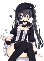 Rule 34 | 1girl, ?, arm support, armband, beret, black bow, black choker, black dress, black hair, black sailor collar, black thighhighs, blue eyes, blush, bow, breasts, center frills, character request, choker, cleavage, clothes lift, commentary request, cross, cross necklace, dress, frilled sailor collar, frilled skirt, frills, hair between eyes, hair bow, hat, jewelry, lifting own clothes, looking at viewer, medium breasts, murakami meishi, necklace, open mouth, puffy sleeves, sailor collar, simple background, sitting, skirt, skirt lift, solo, thighhighs, twintails, white background