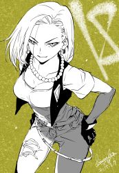 Rule 34 | 1girl, 2019, android 18, belt, black gloves, breasts, character name, cowboy shot, dated, denim, dragon ball, dragonball z, earrings, eyelashes, gloves, hands on own hips, highres, jeans, jewelry, monochrome, necklace, pants, pearl necklace, shirt, short hair, signature, simple background, smile, solo, spot color, torn clothes, torn jeans, torn pants, upper body, waistcoat, white shirt, yellow background, yellow theme