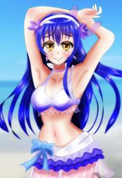 Rule 34 | 1girl, absurdres, arm over head, artist name, artist request, bare shoulders, bikini, bikini skirt, blue bow, blue hair, blue sky, blurry, blurry background, blush, bow, breasts, cleavage, cloud, collarbone, day, earrings, female focus, flower, frilled bikini, frills, hair between eyes, hair flower, hair ornament, hairband, hands over head, highres, jewelry, long hair, looking at viewer, love live!, love live! school idol project, natsuiro egao de 1 2 jump!, navel, necklace, outdoors, parted lips, pink scrunchie, purple flower, purple scrunchie, scrunchie, sky, small breasts, smile, solo, sonoda umi, swimsuit, white bikini, white hairband, wrist scrunchie, yellow eyes