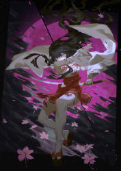 Rule 34 | 1girl, black clouds, black hair, blue eyes, blunt ends, commentary request, detached sleeves, egasumi, falling leaves, hair blowing, hakama, hakama skirt, highres, holding, holding sword, holding weapon, japanese clothes, katana, king&#039;s raid, lace-trimmed sleeves, lace trim, leaf, long hair, miko, moon, okobo, red moon, sandals, seria (king&#039;s raid), skirt, solo, split image, spongeman9214, sword, very long hair, vlh, weapon