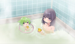 Rule 34 | 2girls, absurdres, afloat, alternate eye color, barefoot, bathing, bathtub, black hair, blush, closed mouth, commentary, completely nude, expressionless, feet up, from above, green hair, hair down, half-closed eyes, highres, holding, holding toy, indoors, looking at viewer, multiple girls, nankawa rota, nude, partially submerged, purple eyes, rubber duck, shared bathing, smile, steam, symbol-only commentary, tile wall, tiles, touhoku kiritan, toy, voiceroid, voicevox, washbowl, yellow eyes, zundamon
