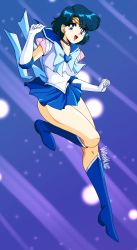 Rule 34 | 1990s (style), 1girl, 2022, :d, absurdres, back bow, bishoujo senshi sailor moon, blue background, blue bow, blue choker, blue eyes, blue footwear, blue hair, blue sailor collar, blue skirt, blue theme, boots, bow, brooch, choker, circlet, danmakuman, earrings, elbow gloves, gloves, heart, heart brooch, highres, itou ikuko (style), jewelry, knee boots, looking at viewer, magical girl, mizuno ami, official style, open mouth, pleated skirt, retro artstyle, sailor collar, sailor mercury, sailor senshi uniform, shiny skin, short hair, signature, skirt, smile, solo, star (symbol), star choker, super sailor mercury, white gloves