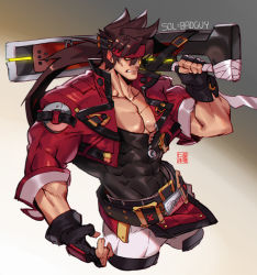 Rule 34 | 1boy, bara, black tank top, brown hair, covered abs, covered navel, cropped jacket, cropped legs, fingerless gloves, gloves, guilty gear, headband, large pectorals, long hair, looking to the side, pectoral cleavage, male focus, mature male, muscular, muscular male, na insoo, over shoulder, pants, partially unzipped, pectorals, pelvic curtain, ponytail, shirt, sideburns, sol badguy, solo, spiked hair, tank top, taut clothes, taut shirt, weapon, weapon over shoulder, white pants, yellow eyes
