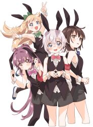 4girls ahoge animal_ears arm_up armband armpits black_hair black_pantyhose black_shorts black_socks black_vest blonde_hair blue_bow blue_bowtie blue_eyes blush bow bowtie breasts brown_eyes buttons closed_mouth collared_shirt commentary cropped_legs double_v fake_animal_ears fake_tail from_behind funami_yui glasses green_bow green_bowtie grey_hair hair_between_eyes hair_bow hair_intakes hair_ornament hands_up highres holding_ears ikeda_chitose jumping leg_up long_hair looking_at_viewer low_twintails medium_breasts multiple_girls namori nontraditional_playboy_bunny open_mouth own_hands_clasped own_hands_together pantyhose pink_bow pink_bowtie ponytail purple_bow purple_bowtie purple_eyes purple_hair rabbit_ears rabbit_hair_ornament rabbit_tail raised_eyebrows red_armband shirt shoes short_hair shorts simple_background sleeveless sleeveless_shirt smile socks standing straight-on sugiura_ayano sweatdrop tail toshinou_kyouko twintails uwabaki v v-shaped_eyebrows very_long_hair vest white_background white_shirt white_wrist_cuffs wrist_cuffs yuru_yuri