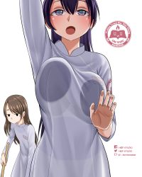 Rule 34 | 2girls, absurdres, artist name, breast envy, breast press, breasts, broom, brown hair, commentary, english commentary, flat chest, fourth wall, hiep studio, highres, large breasts, long hair, multiple girls, no mouth, open mouth, original, pixiv id, purple eyes, purple hair, school uniform, vietnamese dress