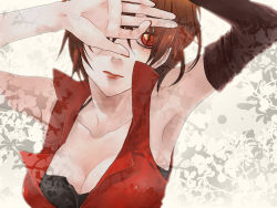 Rule 34 | 1girl, armpits, bad id, bad pixiv id, bitte, breasts, brown hair, highres, lips, meiko (vocaloid), nail polish, red eyes, red nails, red theme, short hair, solo, vocaloid, wallpaper