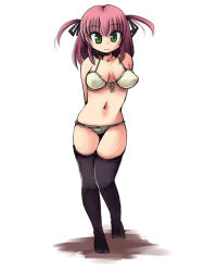 Rule 34 | 1girl, arms behind back, bra, green eyes, khmix, lingerie, panties, pink hair, simple background, solo, thighhighs, twintails, underwear, underwear only