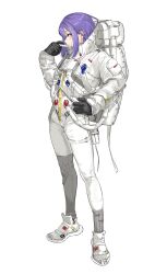 Rule 34 | 1girl, astronaut, backpack, bag, blue eyes, bodysuit, closed mouth, full body, gloves, hair behind ear, hand on own hip, hand up, high collar, highres, legs apart, long sleeves, looking at viewer, mask pull, original, pouch, profile, puffy sleeves, purple hair, sawatani ( swt2), shoes, short hair, shoulder pouch, sidelocks, sideways glance, simple background, sneakers, solo, spacesuit, standing, thigh pouch, tube, white background, white footwear