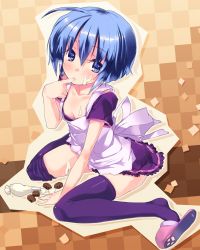 Rule 34 | 1girl, apron, blue eyes, blue hair, blush, brown background, checkered background, chocolate, cream, dlsite.com, elle sweet, flat chest, food, food on face, icing, kneeling, matching hair/eyes, pastry bag, purple thighhighs, refeia, short hair, sitting, slippers, solo, thighhighs