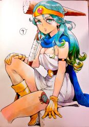 Rule 34 | 1girl, ?, ahn dongshik, arm strap, blue hair, boots, breasts, circlet, cleavage, commentary request, dragon quest, dragon quest iii, dress, earrings, gloves, green eyes, highres, jewelry, knee up, long hair, looking at viewer, mallet, medium breasts, parted lips, photo (medium), sage (dq3), short dress, sitting, solo, spoken question mark, strapless, strapless dress, traditional media, white dress