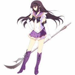 Rule 34 | 1girl, akemi homura, bee (artist), bishoujo senshi sailor moon, black bow, black hair, boots, bow, brooch, choker, color connection, cosplay, elbow gloves, full body, glaive (polearm), gloves, hairband, hand on own hip, highres, hip focus, holding, holding polearm, holding spear, holding weapon, jewelry, knee boots, layered skirt, long hair, magical girl, mahou shoujo madoka magica, mahou shoujo madoka magica (anime), microskirt, pleated skirt, polearm, purple eyes, purple footwear, purple skirt, purple theme, ribbon, sailor collar, sailor moon musical, sailor saturn, sailor saturn (cosplay), shoes, silence glaive, skirt, solo, spear, star brooch, weapon, white background, white gloves