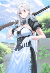 Rule 34 | 1girl, apron, breasts, cigarette, cleavage, day, earrings, frills, gloves, gun, highres, holding, holding cigarette, holding gun, holding weapon, jewelry, kfr, large breasts, long hair, looking at viewer, maid, maid headdress, original, outdoors, puffy short sleeves, puffy sleeves, red eyes, short sleeves, shotgun, solo, waist apron, weapon, white gloves