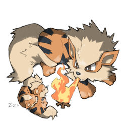 Rule 34 | animal hands, arcanine, blacknirrow, bonfire, breath weapon, breathing fire, bright pupils, brown eyes, closed eyes, commentary, creatures (company), english commentary, evolutionary line, fangs, fire, flamethrower (pokemon), game freak, gen 1 pokemon, growlithe, nintendo, no humans, nose bubble, pokemon, pokemon (creature), simple background, sleeping, white background, white pupils, zzz