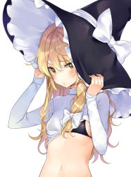Rule 34 | 1girl, black bra, blonde hair, blush, bow, bra, breasts, commentary, hair between eyes, hair bow, hat, hat bow, hat tug, highres, kirisame marisa, long hair, long sleeves, looking at viewer, midriff, mirei, navel, shirt, simple background, small breasts, solo, touhou, underwear, upper body, white background, white bow, white shirt, witch hat, yellow eyes