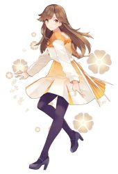Rule 34 | 1girl, alternate costume, arashio (kancolle), black footwear, black pantyhose, brown eyes, brown hair, commentary request, dress, floral background, full body, gradient dress, high heels, kantai collection, long hair, looking at viewer, pantyhose, shakemi (sake mgmgmg), solo, white background, white dress