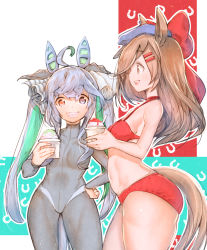 Rule 34 | 2girls, ahoge, animal ears, aqua hair, bikini, blue eyes, blue hair, blue headwear, bodysuit, bow, brown eyes, brown hair, cabbie hat, commentary request, diving suit, food, from side, grin, hair bow, hair ornament, hair ribbon, hairclip, halterneck, hand on own hip, hat, heterochromia, highres, holding, horse ears, horse girl, horse tail, horseshoe print, long hair, long sleeves, looking at viewer, matikane tannhauser (umamusume), multicolored hair, multiple girls, navel, outline, parted lips, partial commentary, purple eyes, red bikini, red bow, ribbon, sharp teeth, shaved ice, smile, standing, swimsuit, tail, teeth, twin turbo (umamusume), twintails, umamusume, usapenpen2019, very long hair, wetsuit, white outline, white ribbon