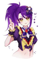 Rule 34 | 1girl, bow, chuu0105, closed mouth, cropped jacket, cropped torso, hair bow, hand up, holding, idol clothes, jacket, long hair, looking at viewer, navel, neckerchief, pretty series, pripara, puffy short sleeves, puffy sleeves, purple hair, purple jacket, purple neckerchief, short sleeves, side ponytail, simple background, smile, solo, toudou shion, upper body, white background, wrist cuffs, yellow eyes