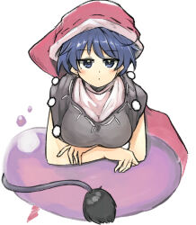 Rule 34 | 1girl, black capelet, blob, blue eyes, blue hair, blush, capelet, doremy sweet, dream soul, dress, ginnkei, hat, looking at viewer, multicolored clothes, multicolored dress, nightcap, pom pom (clothes), red hat, short hair, simple background, solo, tail, tapir tail, touhou, white background