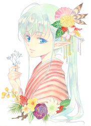 Rule 34 | 1girl, agahari, blue eyes, chrysanthemum, elf, hand fan, female focus, flower, folding fan, from side, hair flower, hair ornament, highres, holding, holding flower, japanese clothes, kimono, leaf hair ornament, long hair, original, plant, pointy ears, ponytail, silver hair, simple background, smile, solo, striped, traditional media, upper body, vertical stripes, white background