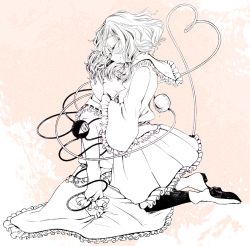 Rule 34 | 2girls, blouse, blush, boots, closed eyes, closed mouth, clothes grab, commentary, crying, frilled shirt collar, frilled skirt, frilled sleeves, frills, full body, greyscale, hairband, half-closed eyes, hand on another&#039;s head, head hug, head on chest, heads together, heart, heart of string, hug, kneeling, komeiji koishi, komeiji satori, long sleeves, medium hair, monochrome, multiple girls, no headwear, parted lips, ribbon trim, sad, shirt, short hair, siblings, sisters, skirt, slit pupils, smile, tearing up, tears, third eye, touhou, yonago