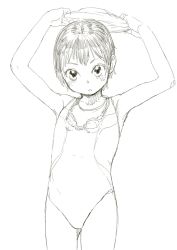 Rule 34 | 1girl, arms up, female focus, goggles, monochrome, one-piece swimsuit, original, satsuyo, short hair, sketch, solo, swimsuit