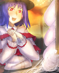 Rule 34 | 1girl, :d, bakuya, black hat, blush, capelet, cotton candy, dress, female focus, frills, hat, heart, heart-shaped pupils, highres, long sleeves, nagae iku, open mouth, own hands together, purple hair, red eyes, short hair, smile, solo, symbol-shaped pupils, touhou