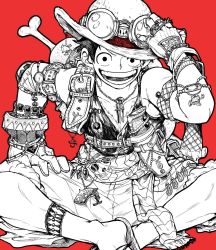 Rule 34 | 1boy, commentary, commentary request, crossed legs, gloves, goggles, goggles on headwear, greyscale with colored background, grin, hand on headwear, hand on own thigh, hat, highres, looking at viewer, lower teeth only, male focus, monkey d. luffy, on floor, one piece, open mouth, red background, scar, short hair, simple background, sitting, smile, symbol-only commentary, teeth, toned, toned male, upper teeth only, yotsumi shiro
