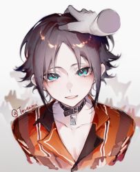 Rule 34 | 1boy, 1other, belt collar, blue eyes, collar, collarbone, collared shirt, commentary, cropped torso, disembodied hand, dog, english commentary, grey background, grin, hand on another&#039;s head, highres, lips, looking at viewer, male focus, messy hair, mysta rias, nijisanji, nijisanji en, parted bangs, red shirt, shiguilinga, shirt, short hair, silhouette, smile, solo, twitter username, upper body, virtual youtuber, white background