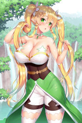 Rule 34 | 1girl, alternate hairstyle, bare shoulders, blonde hair, blush, braid, breasts, choker, cleavage, collarbone, commentary request, day, detached collar, dress, fairy, female focus, green dress, green eyes, hair between eyes, hair ornament, highres, holding, holding hair, huge breasts, kawase seiki, large breasts, leafa, long ears, long hair, looking at viewer, open mouth, outdoors, pointy ears, solo, star (symbol), strapless, strapless dress, sword art online, thighhighs, tree, twin braids, twintails, very long hair, water, waterfall, white thighhighs