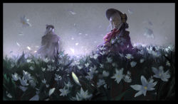 Rule 34 | 2girls, back, bloodborne, bonnet, coat, ascot, dress, field, flower, from software, hat, kzcjimmy, lady maria of the astral clocktower, looking at viewer, multiple girls, outdoors, petals, plain doll, poncho, ponytail, silver hair