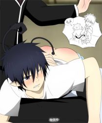 Rule 34 | 2boys, ao no exorcist, ass, bent over, blush, bottomless, brothers, humiliation, male focus, multiple boys, okumura rin, okumura yukio, pointy ears, punishment, siblings, spanked, tail, tears, yaoi