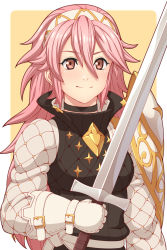 Rule 34 | 1girl, closed mouth, fire emblem, fire emblem fates, gloves, highres, holding, holding sword, holding weapon, ibushi (oath), long hair, long sleeves, nintendo, pink hair, simple background, soleil (fire emblem), solo, sword, upper body, weapon, yellow background