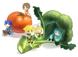 &gt;_&lt; 2boys 3girls black_shirt blonde_hair blue_eyes blue_hair blue_scarf broccoli brown_footwear brown_hair brown_pants chibi chibi_only danchi_(pomechize) detached_sleeves hatsune_miku kagamine_len kagamine_rin kaito_(vocaloid) meiko_(vocaloid) midriff multiple_boys multiple_girls open_mouth oversized_food oversized_object pants red_shirt red_skirt ribbon scarf shirt sitting skirt tomato twintails vocaloid white_background white_ribbon