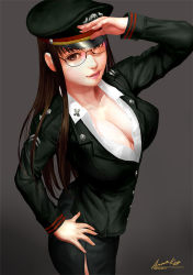 Rule 34 | 1girl, ariverkao, breasts, brown background, brown eyes, brown hair, cleavage, dated, glasses, hat, large breasts, light smile, lips, long hair, looking at viewer, military, military uniform, signature, simple background, solo, uniform