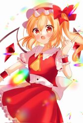Rule 34 | 1girl, ascot, back bow, blonde hair, blush, bow, buttons, collared shirt, cowboy shot, crystal, dress shirt, flandre scarlet, frilled shirt collar, frilled skirt, frills, hair between eyes, hat, hat bow, hat ribbon, highres, index finger raised, iris (airisu495), large bow, long hair, looking at viewer, one side up, puffy short sleeves, puffy sleeves, red bow, red eyes, red ribbon, red skirt, ribbon, shirt, short sleeves, simple background, skirt, skirt set, solo, touhou, white background, white bow, white hat, white shirt, wings, wrist cuffs, yellow ascot