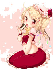 Rule 34 | 1girl, absurdres, adapted costume, bad id, bad pixiv id, between legs, blonde hair, blush, bow, bowtie, child, eating, embodiment of scarlet devil, fang, female focus, flandre scarlet, flower, food, frilled skirt, frills, hair ornament, hairclip, hand between legs, hat, hat flower, hat ribbon, heart, highres, ice cream, ice cream sandwich, looking at viewer, midriff, mini hat, navel, open mouth, pink background, pinky out, red eyes, ribbon, seiza, short hair, side ponytail, simple background, sitting, skirt, skirt set, solo, touhou, water drop, wings, wrist cuffs, yukiu con