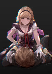 Rule 34 | 1boy, 1girl, absurdres, bad id, bad pixiv id, black background, black bow, black jacket, black pants, blonde hair, blush, bow, breasts, brown eyes, brown hair, chromatic aberration, cleavage, collarbone, djeeta (granblue fantasy), frilled sleeves, frills, girl on top, gloves, granblue fantasy, hair bow, heart, heart-shaped pupils, highres, jacket, lying, medium breasts, milli little, on back, pants, purple sailor collar, red ribbon, ribbon, sailor collar, shirt, short hair, short sleeves, simple background, smile, symbol-shaped pupils, twitter username, white gloves, white shirt