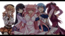 Rule 34 | 10s, 5girls, :d, :o, ^ ^, akemi homura, alternate hairstyle, arm hug, armpits, arms up, backlighting, bad id, bad pixiv id, beret, black hair, blonde hair, bloom, blue hair, bow, byakuya mika, cape, closed eyes, collarbone, corset, cup, dress, drill hair, elbow gloves, fingerless gloves, food, frilled dress, frills, gloves, gown, hair bow, hair ornament, happy, hat, holding another&#039;s arm, holding own arm, kaname madoka, letterboxed, locked arms, long hair, magical girl, mahou shoujo madoka magica, mahou shoujo madoka magica (anime), miki sayaka, multiple girls, open mouth, pink hair, pleated skirt, pocky, purple eyes, red eyes, red hair, ribbon, sakura kyoko, simple background, skirt, smile, soul gem, spoilers, teeth, thighhighs, tomoe mami, twin drills, twintails, two side up, ultimate madoka, white gloves, yellow eyes, zettai ryouiki