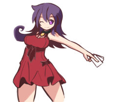 Rule 34 | 1girl, ;), arceonn, breasts, card, choker, cropped legs, dress, duel masters, one eye closed, outstretched arm, purple eyes, purple hair, red dress, red skirt, skirt, smile, solo, tasogare mimi, white background, wink