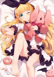 Rule 34 | 1girl, ;3, bare legs, barefoot, bed sheet, black bow, black ribbon, blonde hair, blush, bow, bowtie, candy, closed mouth, commentary, doughnut, dress, food, frilled dress, frills, green eyes, hair ribbon, highres, knee up, lollipop, long hair, long sleeves, lying, mononobe alice, nahaki, nijisanji, hugging object, on back, one eye closed, outstretched arm, red bow, red bowtie, ribbon, solo, stuffed animal, stuffed rabbit, stuffed toy, very long hair, virtual youtuber, white dress