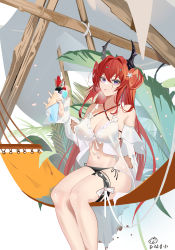 Rule 34 | 1girl, absurdres, arknights, bare shoulders, bikini, black bikini, breasts, cleavage, criss-cross halter, dated, demon horns, detached sleeves, feet out of frame, hair ornament, hair rings, halterneck, hammock, highres, holding food, holding ice cream, horns, ice cream, large breasts, looking at viewer, midriff, navel, official alternate costume, purple eyes, red hair, revision, sabou san-shitsu kokoro, shirt, side-tie bikini bottom, sitting, solo, star (symbol), star hair ornament, surtr (arknights), surtr (colorful wonderland) (arknights), swimsuit, thigh strap, white shirt, white sleeves