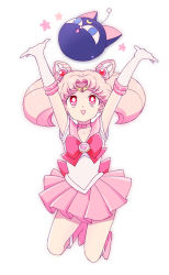 Rule 34 | 1girl, arms up, bad id, bad pixiv id, bishoujo senshi sailor moon, boots, bow, brooch, chibi usa, choker, cone hair bun, double bun, elbow gloves, full body, gloves, hair bun, hair ornament, hairpin, heart, heart brooch, jewelry, knee boots, luna-p, magical girl, pink hair, pink skirt, pleated skirt, red eyes, ribbon, sailor chibi moon, saki (hxaxcxk), short hair, simple background, skirt, smile, solo, tiara, twintails, white background, white gloves
