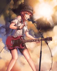 Rule 34 | 1girl, bad id, bad pixiv id, blue eyes, blush, brown hair, cirilla amesi, cradle-song, cradle song (dischan), guitar, hat, instrument, microphone, microphone stand, original, short hair, softmode, solo