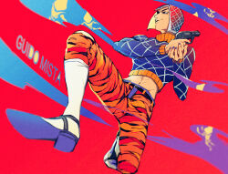 Rule 34 | 1boy, animal print, belt, black eyes, blue sweater, character name, closed mouth, commentary request, crop top, guido mista, gun, handgun, hat, holding, holding gun, holding weapon, jojo no kimyou na bouken, long sleeves, looking to the side, male focus, midriff, mizudama, navel, orange pants, pants, revolver, sex pistols (stand), smile, solo, sweater, tiger print, vento aureo, weapon