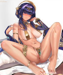 Rule 34 | 1girl, anklet, areola slip, armlet, bare shoulders, barefoot, blue eyes, blue hair, blush, breasts, bridal gauntlets, candace (genshin impact), cleavage, detached sleeves, genshin impact, hand in own hair, jewelry, large breasts, medium hair, misaka 12003-gou, navel, parted lips, partially visible vulva, red eyes, sideboob, sidelocks, simple background, single bridal gauntlet, single sleeve, sitting, solo, spread legs, thighlet, thighs, toes, twitter username
